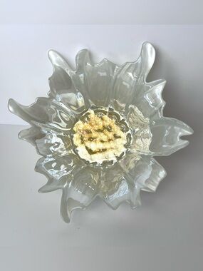 Vintage Akcam Turkish Art Glass Bowl Iridescent White Gold Sunflower 11.5”